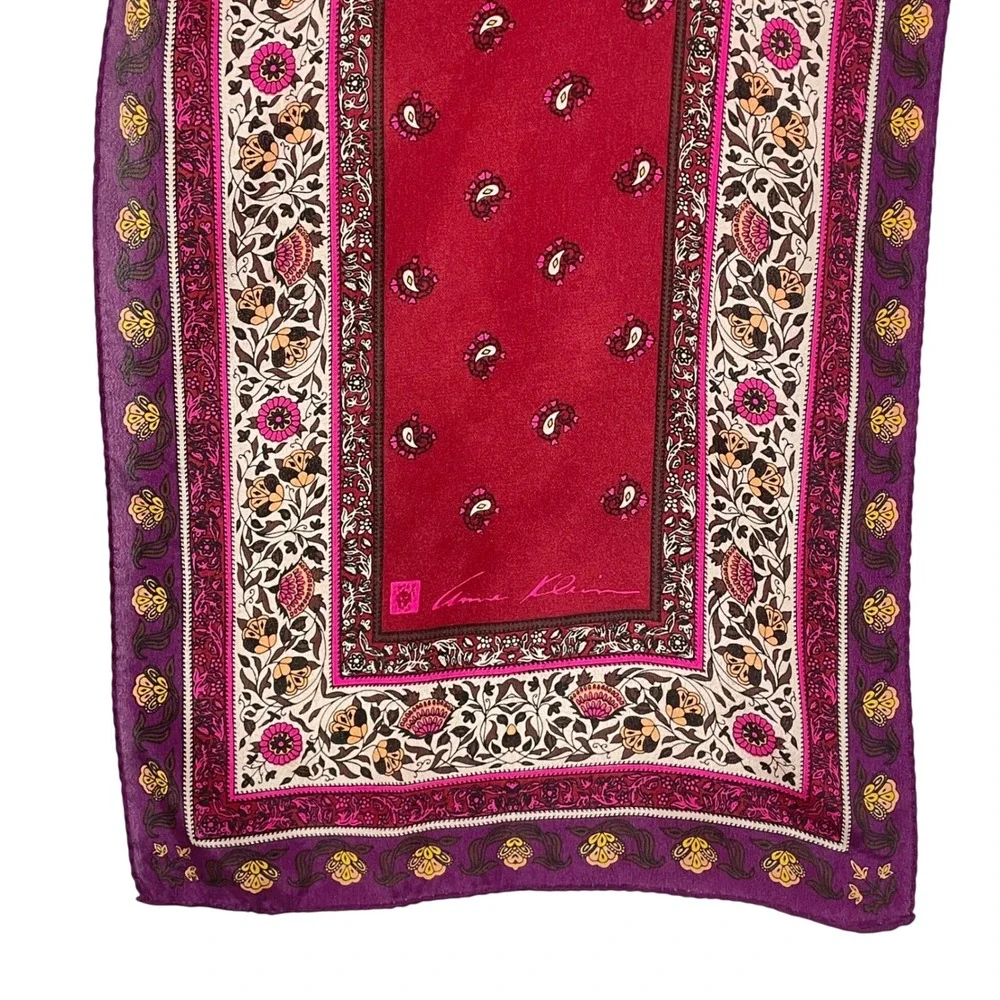 Vintage Anne Klein Womens Burgundy Purple Paisley Floral Silk Scarf Career 52x10